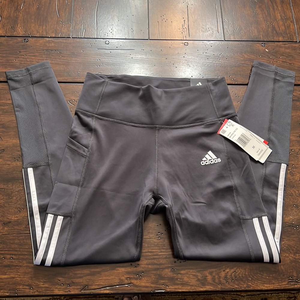 ADIDAS Ladies' 3-Stripe w/Mesh NWT leggings Carbon Sz Med Tight Fit 7/8 Style - Picture 7 of 15